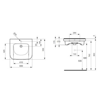 Bezbariérové umývadlo Ideal Standard Contour 21 60x55,5 cm otvor pre batériu uprostred S238901