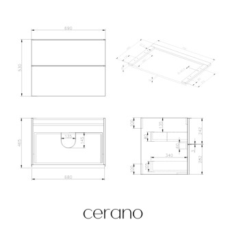 CERANO - Kúpeľňová skrinka Velora - biela matná, úchytka čierna + doska pod umývadlo Navira Pro - 36 mm - 70x56,6x46,5 cm