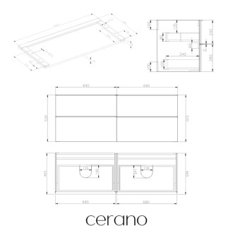CERANO - Kúpeľňová skrinka Velora - biela matná, úchytka chrómová + doska pod umývadlo Navira Pro - 36 mm - 140x56,6x46,5 cm