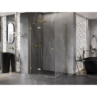 Sprchovací kút Mexen Lunar s ľavým výklopným uchytením 70 x 90 cm, priehľadný, kartáčované zlato - 834-070-090-55-00-L