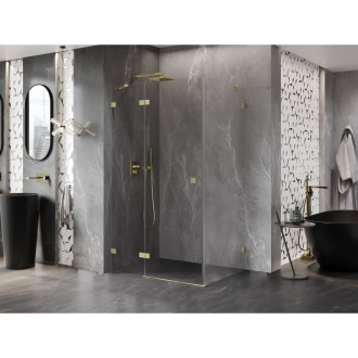 Sprchovací kút Mexen Lunar s ľavým výklopným uchytením 70 x 90 cm, priehľadný, kartáčované zlato - 834-070-090-55-00-L