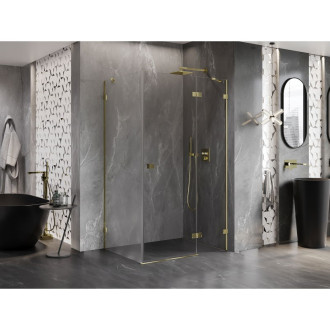 Sprchovací kút Mexen Lunar s výklopným pravým uchytením 85 x 90 cm, priehľadný, zlatý - 834-085-090-50-00-P