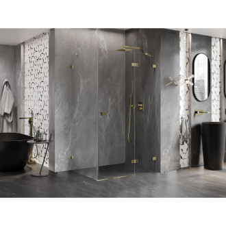 Sprchovací kút Mexen Lunar s výklopným pravým uchytením 85 x 90 cm, priehľadný, zlatý - 834-085-090-50-00-P