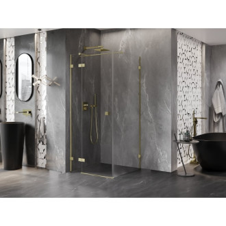 Sprchovací kút Mexen Lunar T s ľavým výklopným uchytením 90 x 90 cm, priehľadný, kartáčované zlato - 834T-090-090-55-00-L