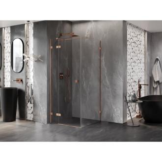 Sprchovací kút Mexen Lunar T s ľavým výklopným uzáverom 90 x 90 cm, priehľadný, kartáčovaná meď - 834T-090-090-65-00-L
