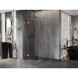 Sprchovací kút Mexen Lunar T s ľavým výklopným uzáverom 90 x 90 cm, priehľadný, kartáčovaná meď - 834T-090-090-65-00-L