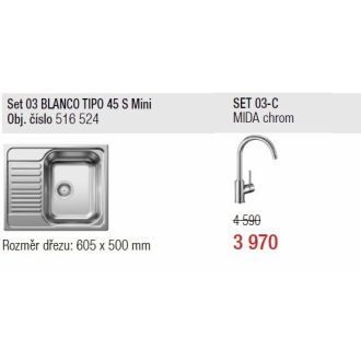 Blanco SET 03-C "TIPO 45 S mini 3 1" nerezový drez+ MIDA drezová batéria, chróm"