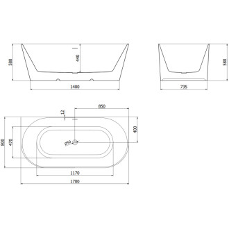 Voľne stojaca závesná vaňa Mexen Oval Slim 170 x 80 cm, biela/čierna, čierny prepad - 52661708075-70