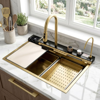 REA Multifunkčný oceľový drez 10 v 1 REA Alonzo Brush Gold ZLE-06419