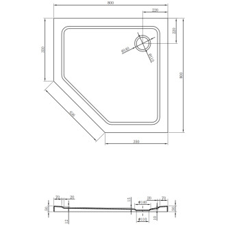 Mexen Flat slim päťuholníková sprchová vanička 80 x 80 cm, čierna, chrómovaný sifón - 41P708080
