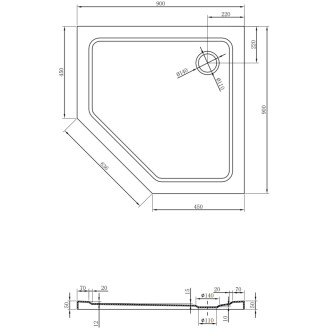 Mexen Flat slim päťuholníková sprchová vanička 90 x 90 cm, čierna, chrómovaný sifón - 41P709090