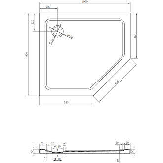Mexen Plochá päťuholníková sprchová vanička úzka ľavá 100 x 90 cm, čierna, chrómovaný sifón - 41P709010L