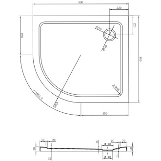 Mexen Plochá polkruhová sprchová vanička úzka pravá 90 x 80 cm, čierna, chrómový sifón - 41708090P