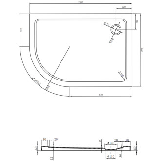 Mexen Plochá polkruhová sprchová vanička úzka pravá 120 x 90 cm, čierna, chrómový sifón - 41709012P