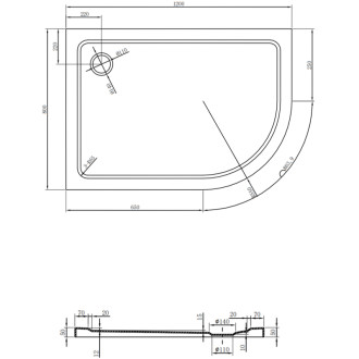 Mexen Plochá polkruhová sprchová vanička úzka ľavá 120 x 80 cm, biela, zlatý sifón - 41108012L-G