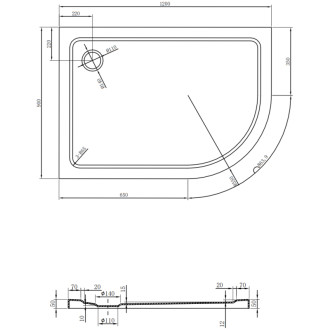 Mexen Plochá polkruhová sprchová vanička úzka ľavá 120 x 90 cm, biela, zlatý sifón - 41109012L-G