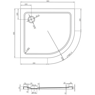 Mexen Plochá polkruhová sprchová vanička úzka ľavá 90 x 80 cm, čierna, zlatý sifón - 41708090L-G