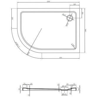 Mexen Plochá polkruhová sprchová vanička úzka pravá 120 x 80 cm, biela, čierny sifón - 41108012P-B