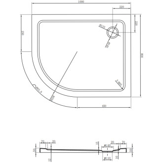 Mexen Plochá polkruhová sprchová vanička úzka pravá 100 x 80 cm, čierna, čierny sifón - 41708010P-B