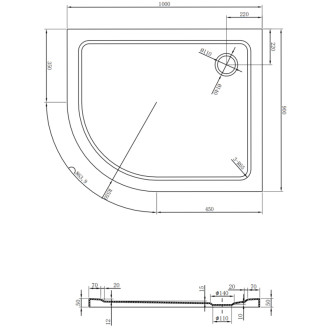 Mexen Plochá polkruhová sprchová vanička úzka pravá 100 x 90 cm, čierna, čierny sifón - 41709010P-B