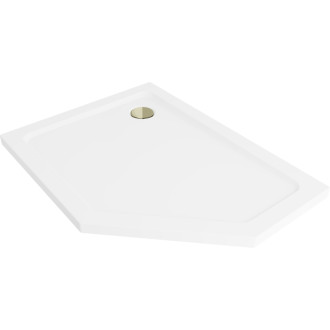 Mexen Plochá päťuholníková sprchová vanička úzka ľavá 90 x 80 cm, biela, zlatý sifón - 41P108090L-G
