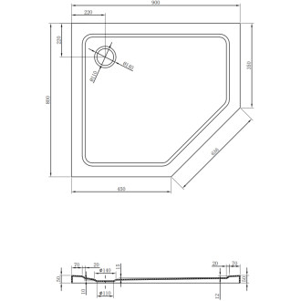 Mexen Plochá päťuholníková sprchová vanička úzka ľavá 90 x 80 cm, biela, zlatý sifón - 41P108090L-G