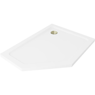 Mexen Plochá pětiúhelníková sprchová vanička úzká pravá 90 x 80 cm, bílá, zlatý sifon - 41P108090R-G