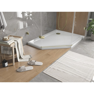 Mexen Plochá päťuholníková úzka sprchová vanička pravá 100 x 90 cm, biela, zlatý sifón - 41P109010R-G
