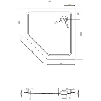 Mexen Flat slim päťuholníková sprchová vanička 100 x 100 cm, biela, zlatý sifón - 41P101010-G