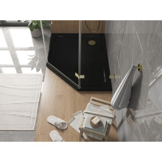 Mexen Flat slim ľavá päťuholníková sprchová vanička 90 x 80 cm, čierna, zlatý sifón - 41P708090L-G