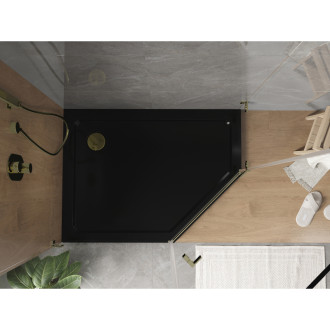 Mexen Flat slim ľavá päťuholníková sprchová vanička 90 x 80 cm, čierna, zlatý sifón - 41P708090L-G