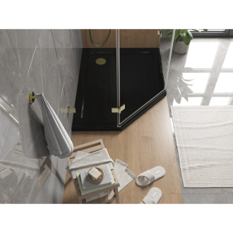 Mexen Plochá päťuholníková sprchová vanička úzka pravá 90 x 80 cm, čierna, zlatý sifón - 41P708090R-G