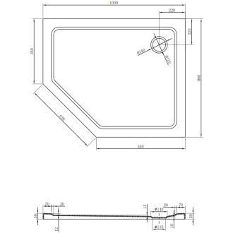 Mexen Plochá päťuholníková sprchová vanička úzka pravá 100 x 80 cm, čierna, zlatý sifón - 41P708010R-G