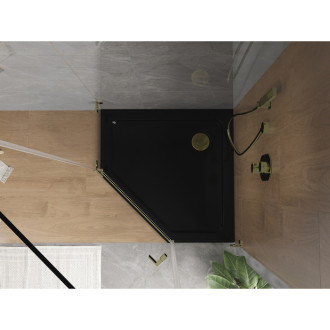 Mexen Flat slim päťuholníková sprchová vanička 90 x 90 cm, čierna, zlatý sifón - 41P709090-G