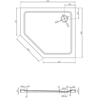 Mexen Plochá päťuholníková sprchová vanička úzka pravá 90 x 80 cm, biela, čierny sifón - 41P108090R-B