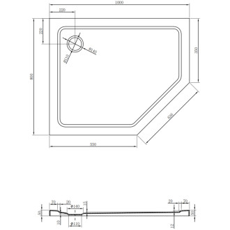 Mexen Plochá päťuholníková sprchová vanička úzka ľavá 100 x 80 cm, čierna, čierny sifón - 41P708010L-B