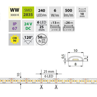 McLED LED pásik - sada 2 m + Prijímač Nano IP67, 240 LED/m, WW, 6 W/m, DC 24 V, 500 lm/m, CRI90, IP67, 10 mm, vodič 3 m ML-126.034.90.S02002