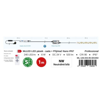 McLED LED pásik - sada 1 m + Prijímač Nano IP67, 240 LED/m, NW, 6 W/m, DC 24V, 520 lm/m, CRI90, IP67, 10 mm, vodič 3 m ML-126.033.90.S01002