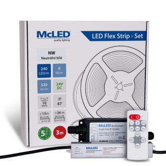 McLED LED pásik - sada 3 m + Prijímač Nano IP67, 240 LED/m, NW, 6 W/m, DC 24V, 520 lm/m, CRI90, IP67, 10 mm, vodič 3 m ML-126.033.90.S03002