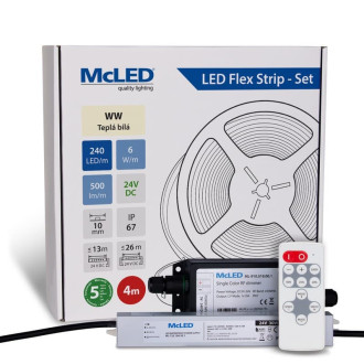 McLED LED pásik - sada 4 m + Prijímač Nano IP67, 240 LED/m, WW, 6 W/m, DC 24V, 500 lm/m, CRI90, IP67, 10 mm, vodič 3 m ML-126.034.90.S04002
