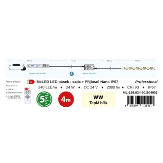 McLED LED pásik - sada 4 m + Prijímač Nano IP67, 240 LED/m, WW, 6 W/m, DC 24V, 500 lm/m, CRI90, IP67, 10 mm, vodič 3 m ML-126.034.90.S04002