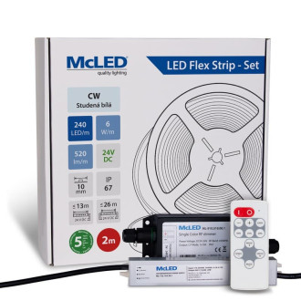 McLED LED pásik - sada 2 m + Prijímač Nano IP67, 240 LED/m, CW, 6 W/m, DC 24 V, 520 lm/m, CRI90, IP67, 10 mm, vodič 3 m ML-126.032.90.S02002