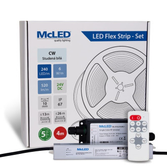 McLED LED pásik - sada 4 m + Prijímač Nano IP67, 240 LED/m, CW, 6 W/m, DC 24 V, 520 lm/m, CRI90, IP67, 10 mm, vodič 3 m ML-126.032.90.S04002