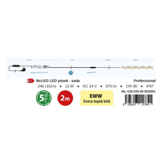 McLED LED pásik - sada 2 m, 240 LED/m, EWW, 6 W/m, DC 24 V, 485 lm/m, CRI90, IP67, 10 mm, vodič 3 m ML-126.035.90.S02001