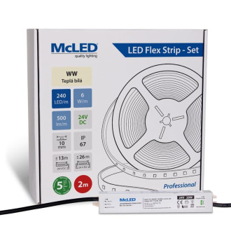 McLED LED pásik - sada 2 m, 240 LED/m, WW, 6 W/m, DC 24 V, 500 lm/m, CRI90, IP67, 10 mm, vodič 3 m ML-126.034.90.S02001