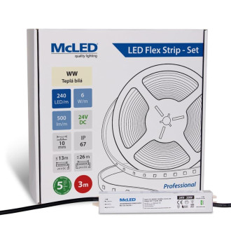 McLED LED pásik - sada 3 m, 240 LED/m, WW, 6 W/m, DC 24 V, 500 lm/m, CRI90, IP67, 10 mm, vodič 3 m ML-126.034.90.S03001