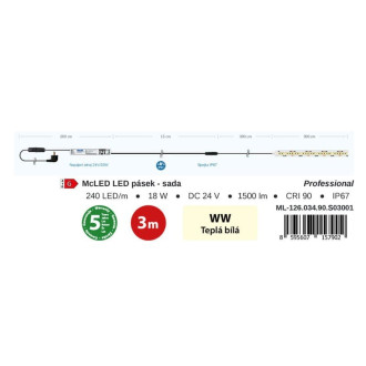 McLED LED pásik - sada 3 m, 240 LED/m, WW, 6 W/m, DC 24 V, 500 lm/m, CRI90, IP67, 10 mm, vodič 3 m ML-126.034.90.S03001