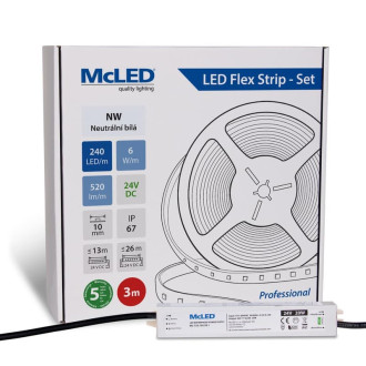 McLED LED pásik - sada 3 m, 240 LED/m, NW, 6 W/m, DC 24V, 520 lm/m, CRI90, IP67, 10 mm, vodič 3 m ML-126.033.90.S03001