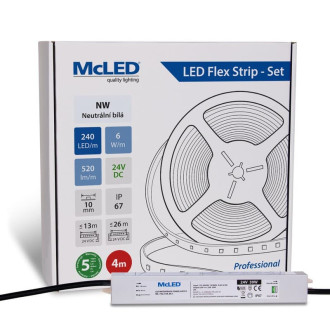 McLED LED pásik - sada 4 m, 240 LED/m, NW, 6 W/m, DC 24V, 520 lm/m, CRI90, IP67, 10 mm, vodič 3 m ML-126.033.90.S04001