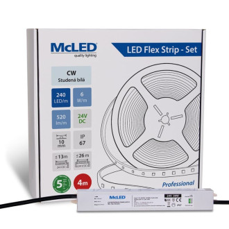 McLED LED pásik - sada 4 m, 240 LED/m, CW, 6 W/m, DC 24 V, 520 lm/m, CRI90, IP67, 10 mm, vodič 3 m ML-126.032.90.S04001